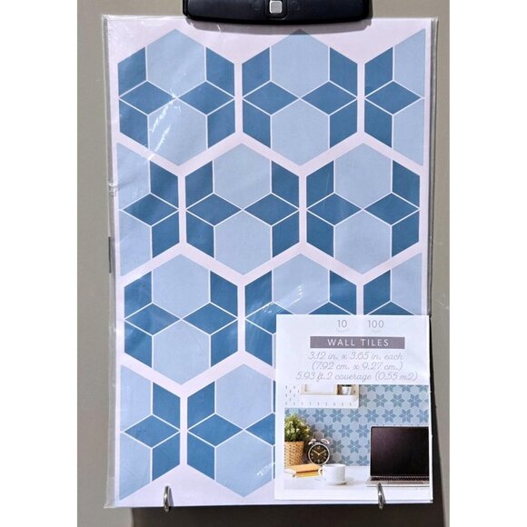 Blue Teal Stars & Pentagons Design Peel & Stick 100 Wall Tiles 3.12" x 3.65" - Picture 1 of 6